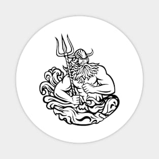 Aegir Hler or Gymir God of Sea in Norse Mythology with Trident and Waves Mascot Black and White Retro Magnet